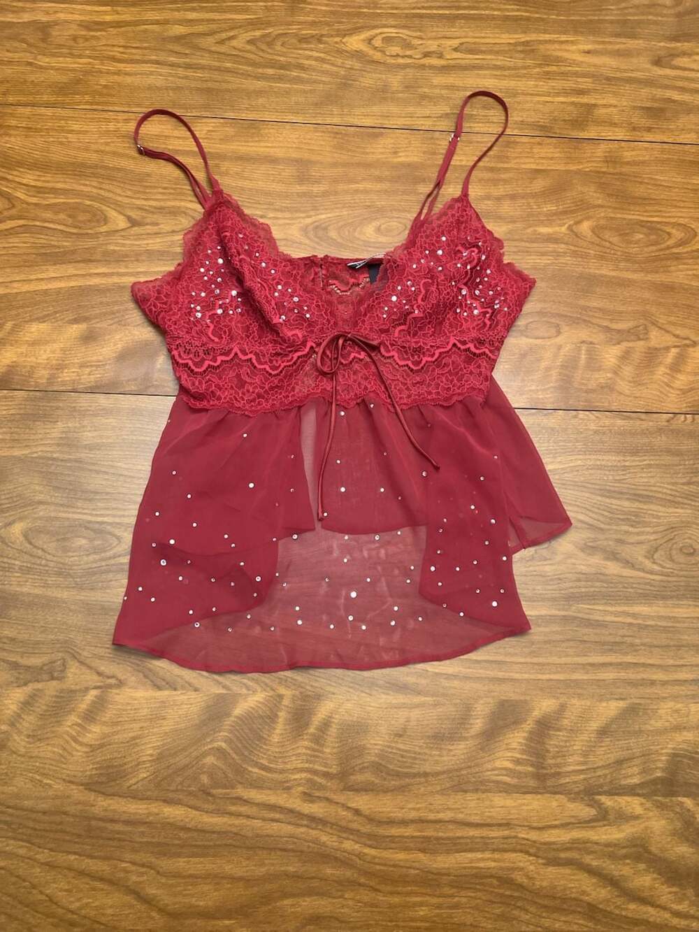 Victoria's Secret Red Rhinestone Lace Chiffon Cami Tank Top